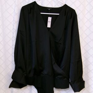 Ann Taylor Satin Black Long Sleeve V Neck Faux Wrap Bodysuit Size XL NWT